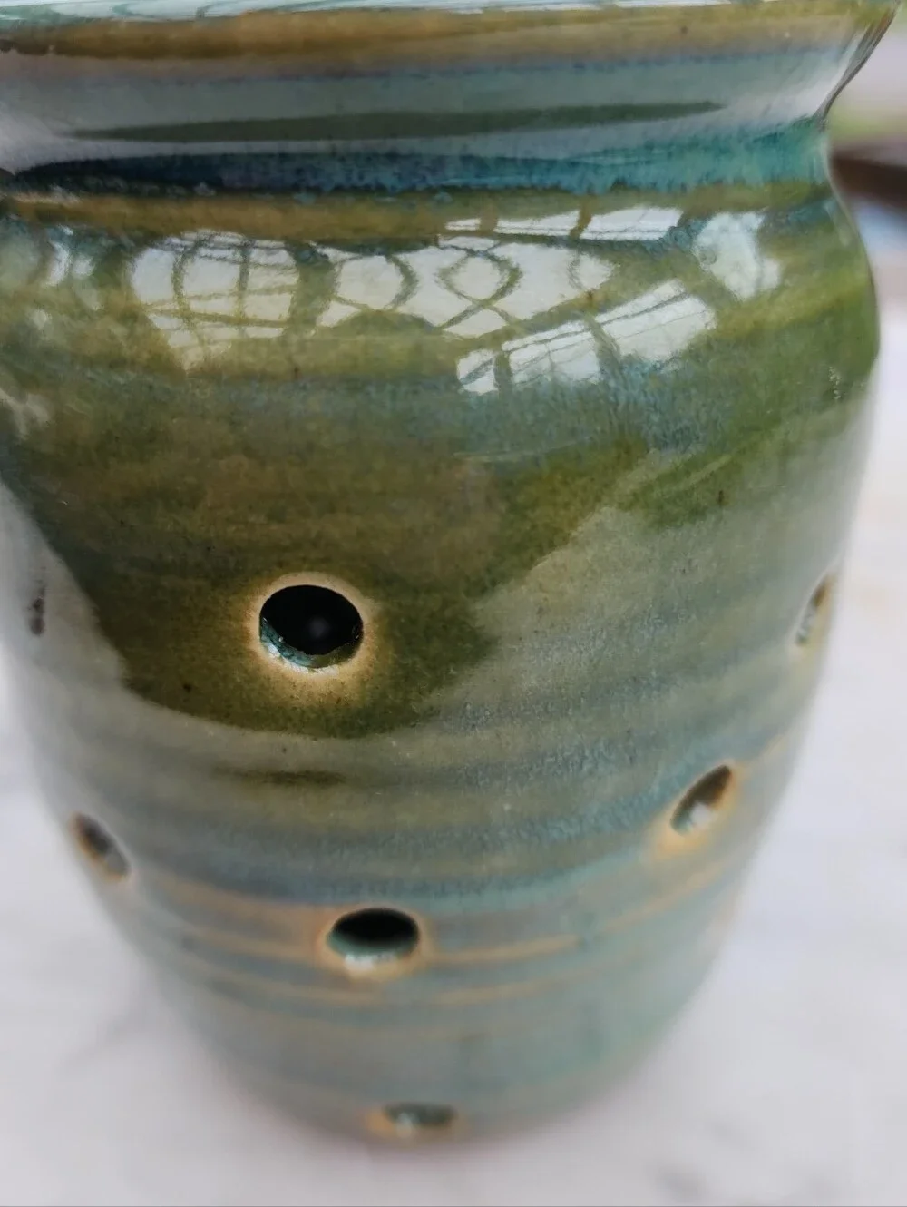 Holman Pottery Garlic Keeper Jar in Sea Pearl Green Ventilation Holes 6